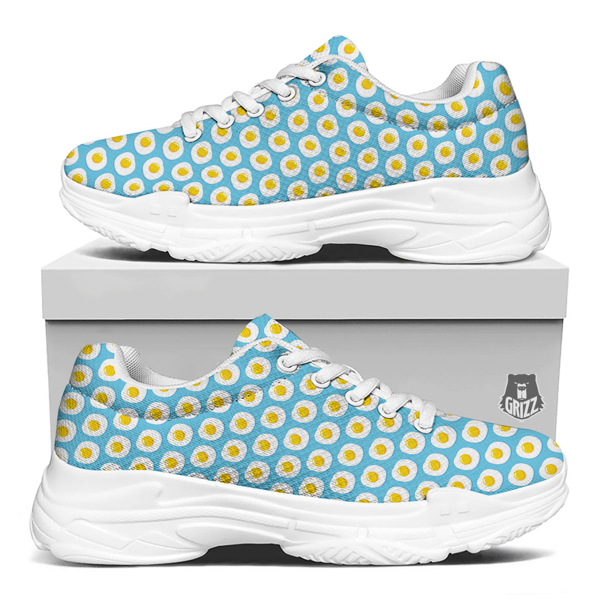 Fried Eggs Blue Print Pattern White Chunky Shoes-grizzshop