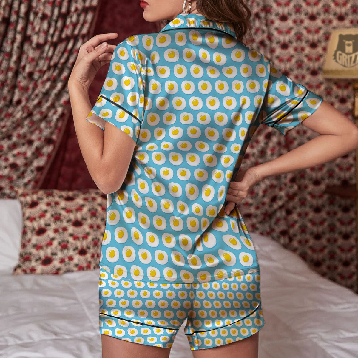Fried Eggs Blue Print Pattern Women Silk Pajamas-grizzshop