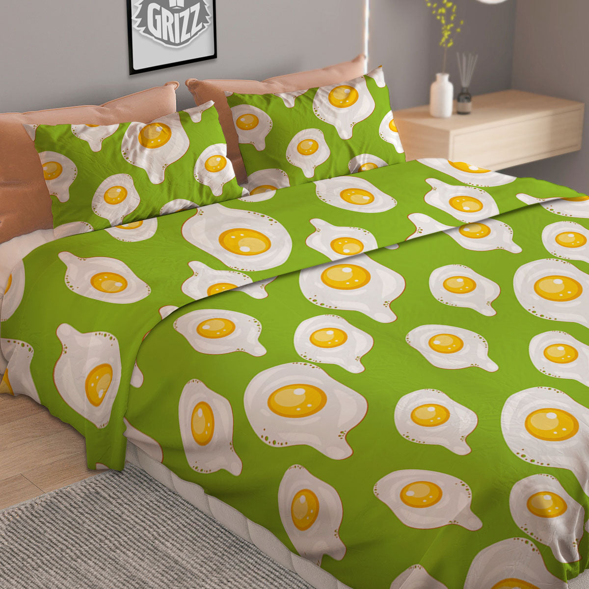 Fried Eggs Lime Green Print Pattern Duvet Cover Bedding Set