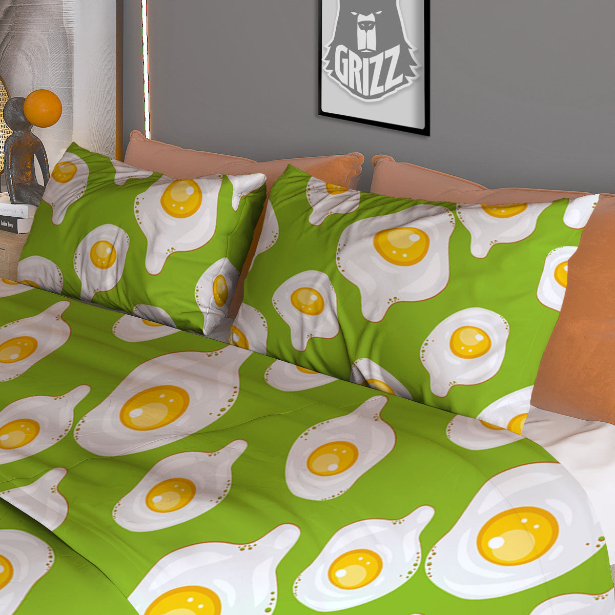 Fried Eggs Lime Green Print Pattern Duvet Cover Bedding Set