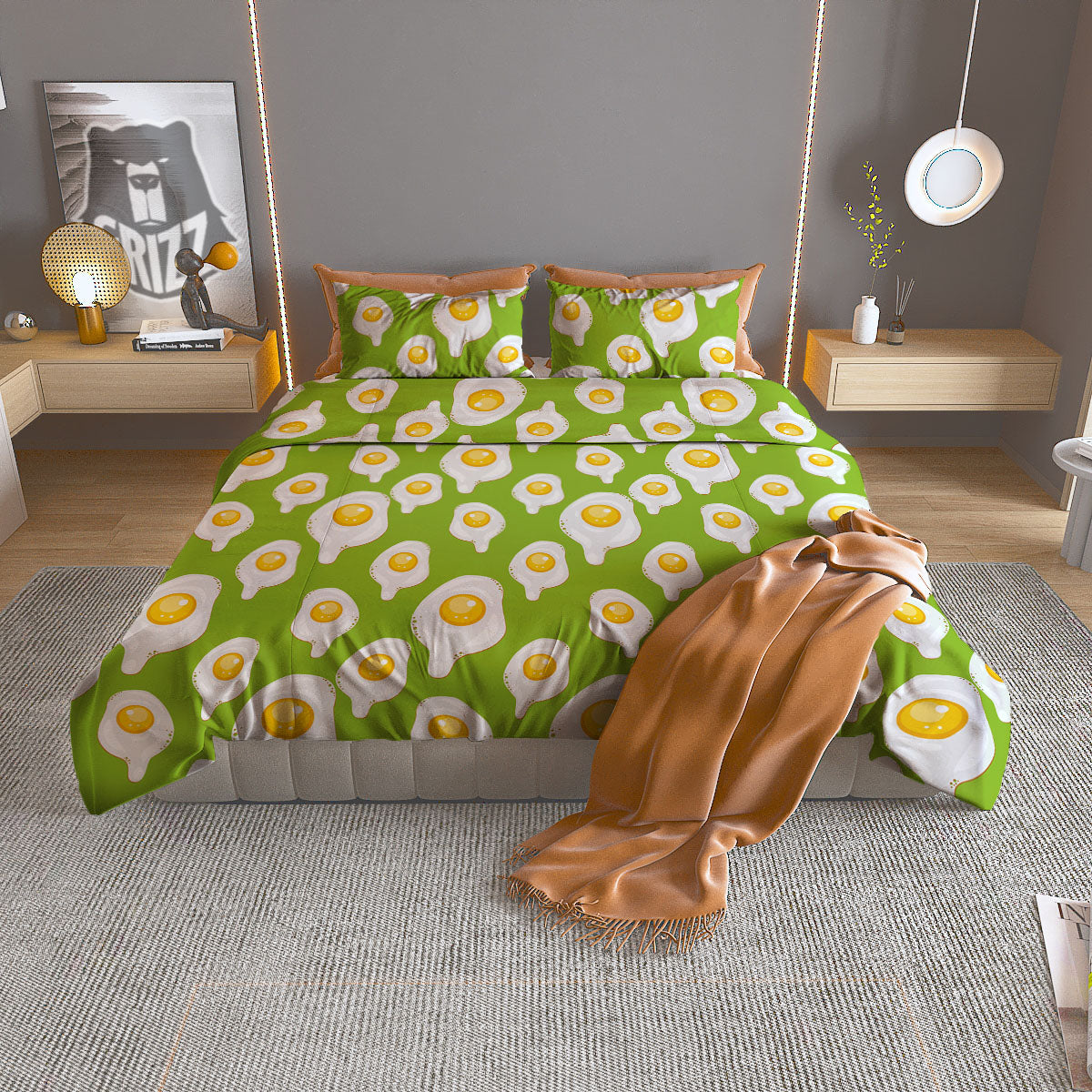 Fried Eggs Lime Green Print Pattern Duvet Cover Bedding Set