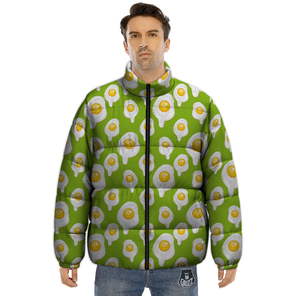 Fried Eggs Lime Green Print Pattern Puffer Jacket-grizzshop