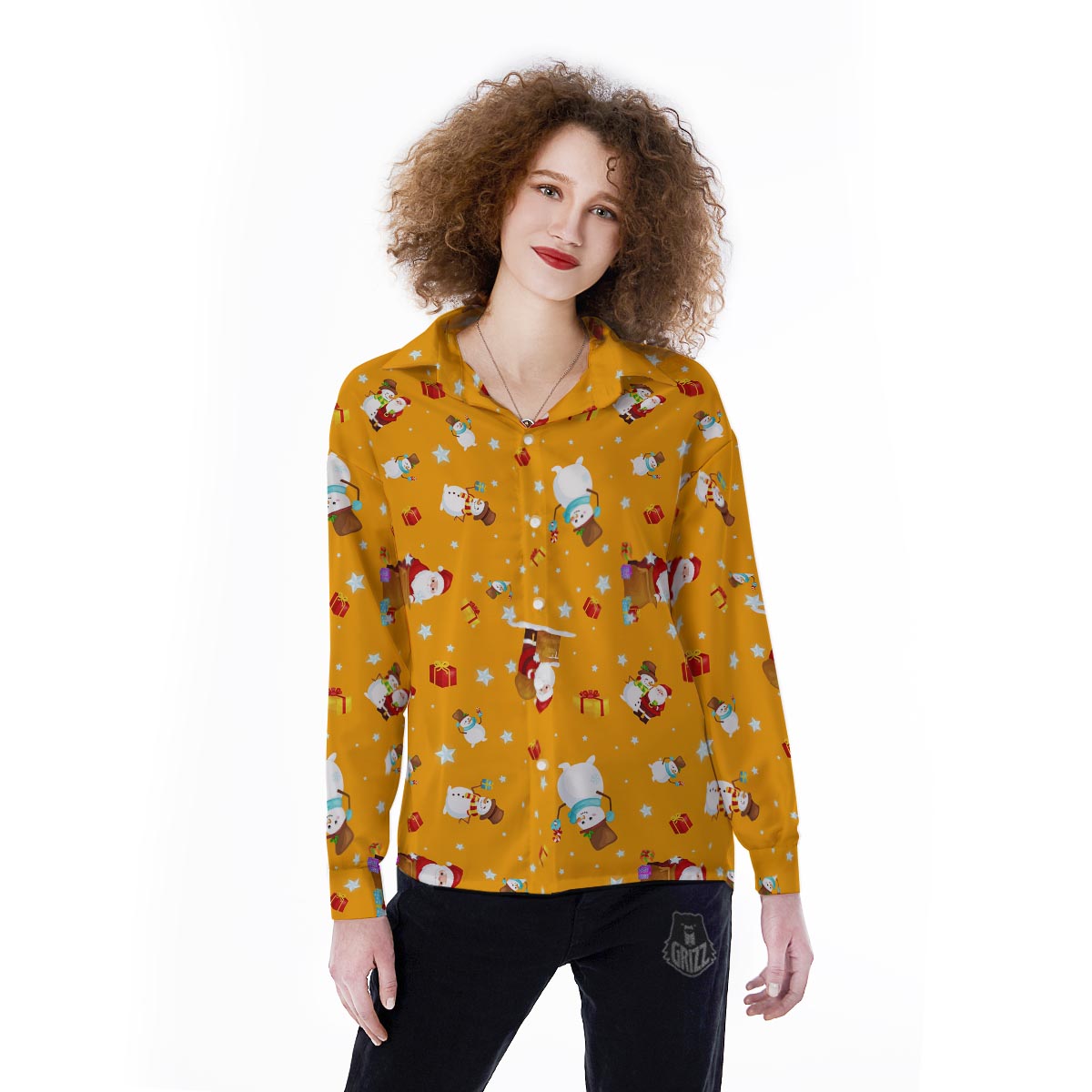 Friends And Santa Claus Print Pattern Women's Long Sleeve Shirts-grizzshop