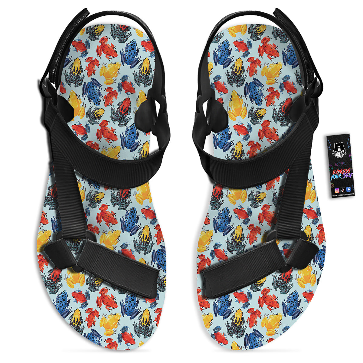Frog Colorful Print Pattern Black Open Toe Sandals-grizzshop