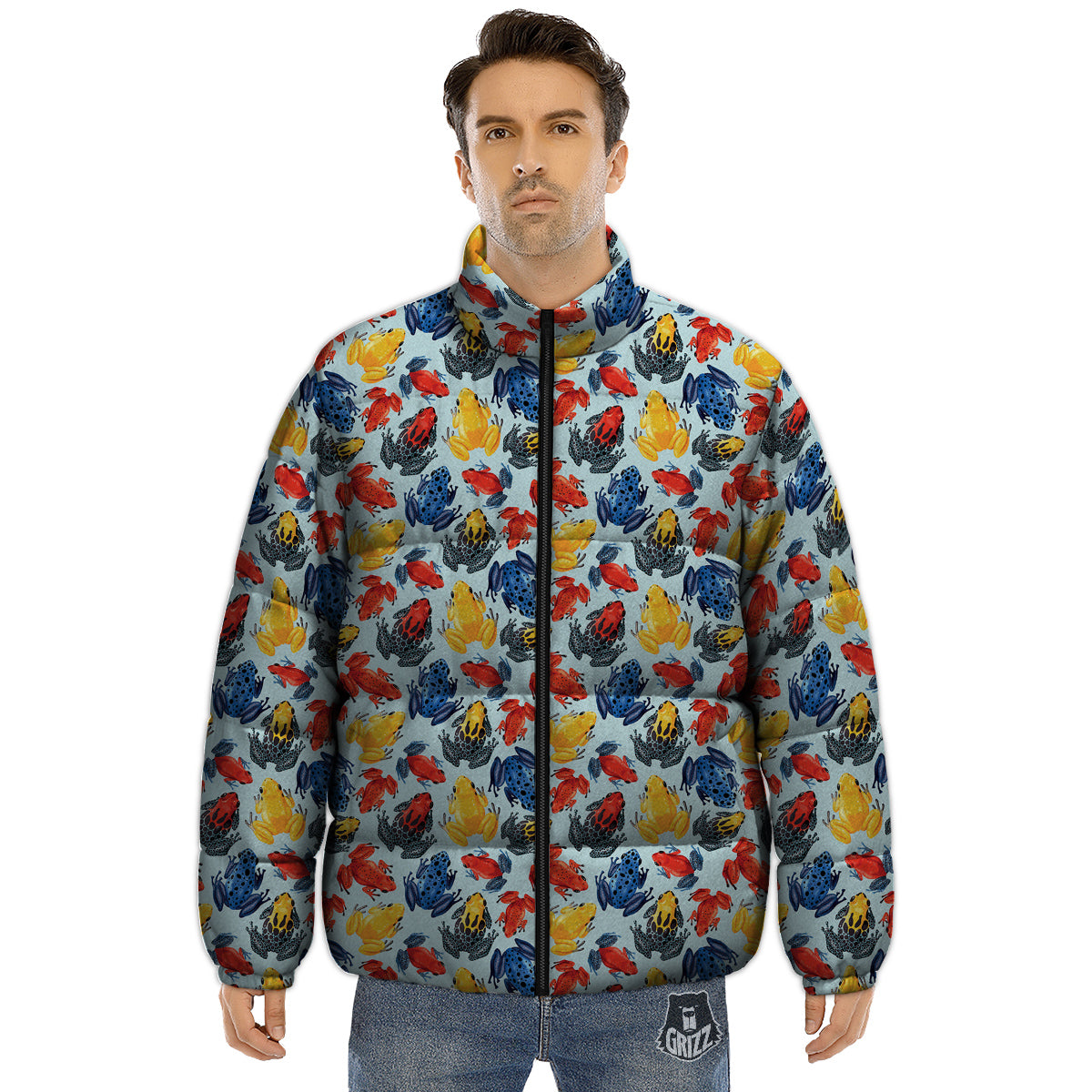 Frog Colorful Print Pattern Puffer Jacket-grizzshop