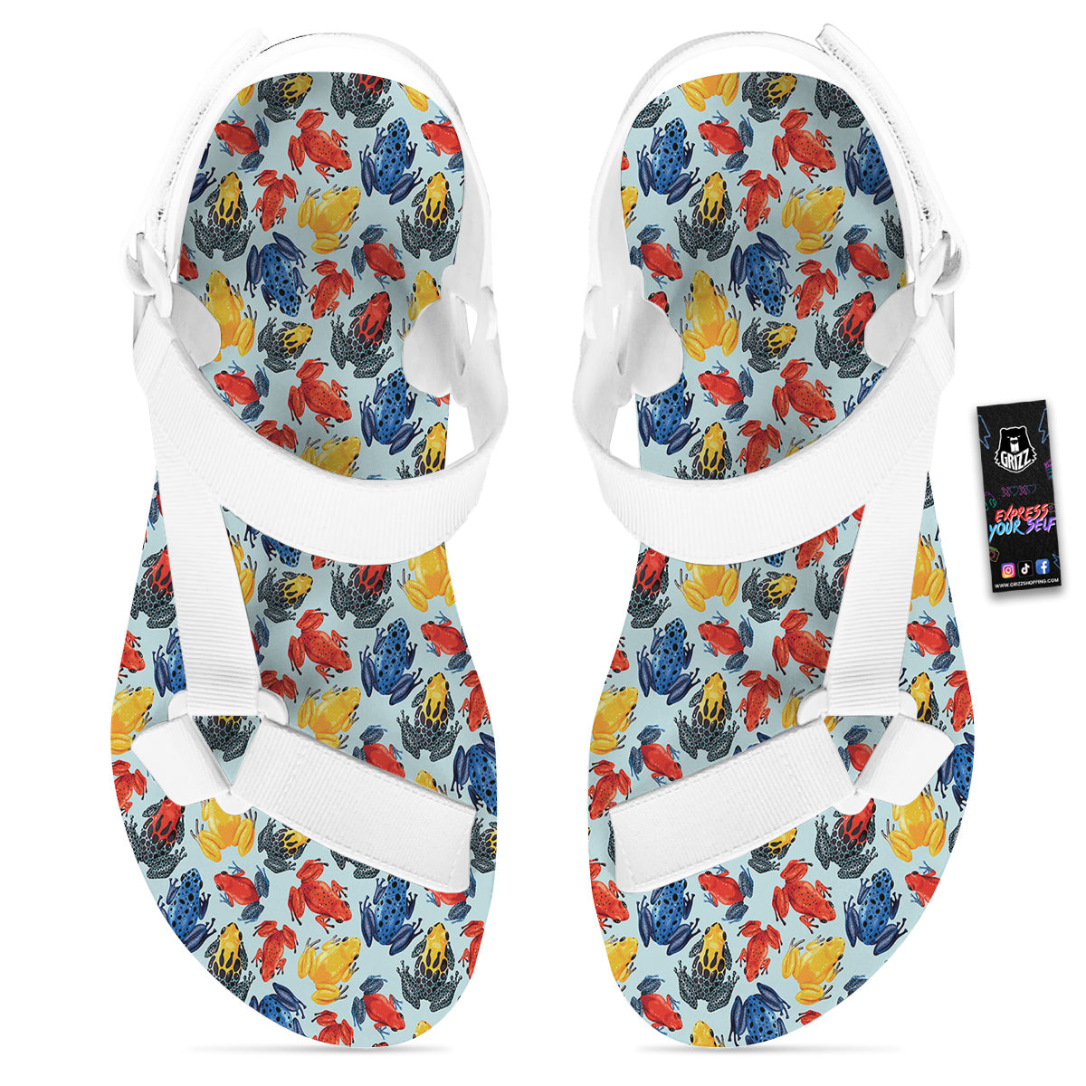 Frog Colorful Print Pattern White Open Toe Sandals-grizzshop