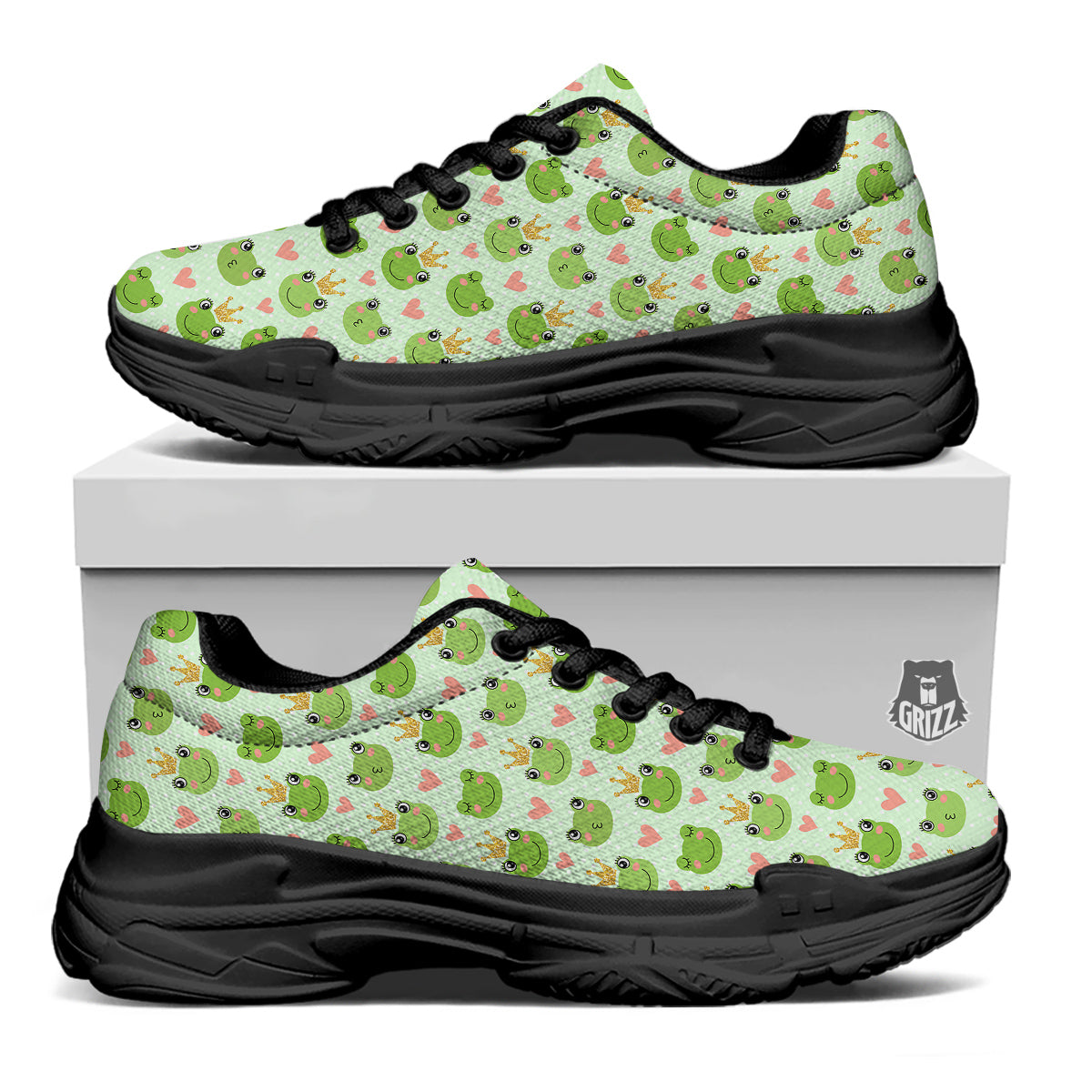 Frog Cute Print Pattern Black Chunky Shoes-grizzshop