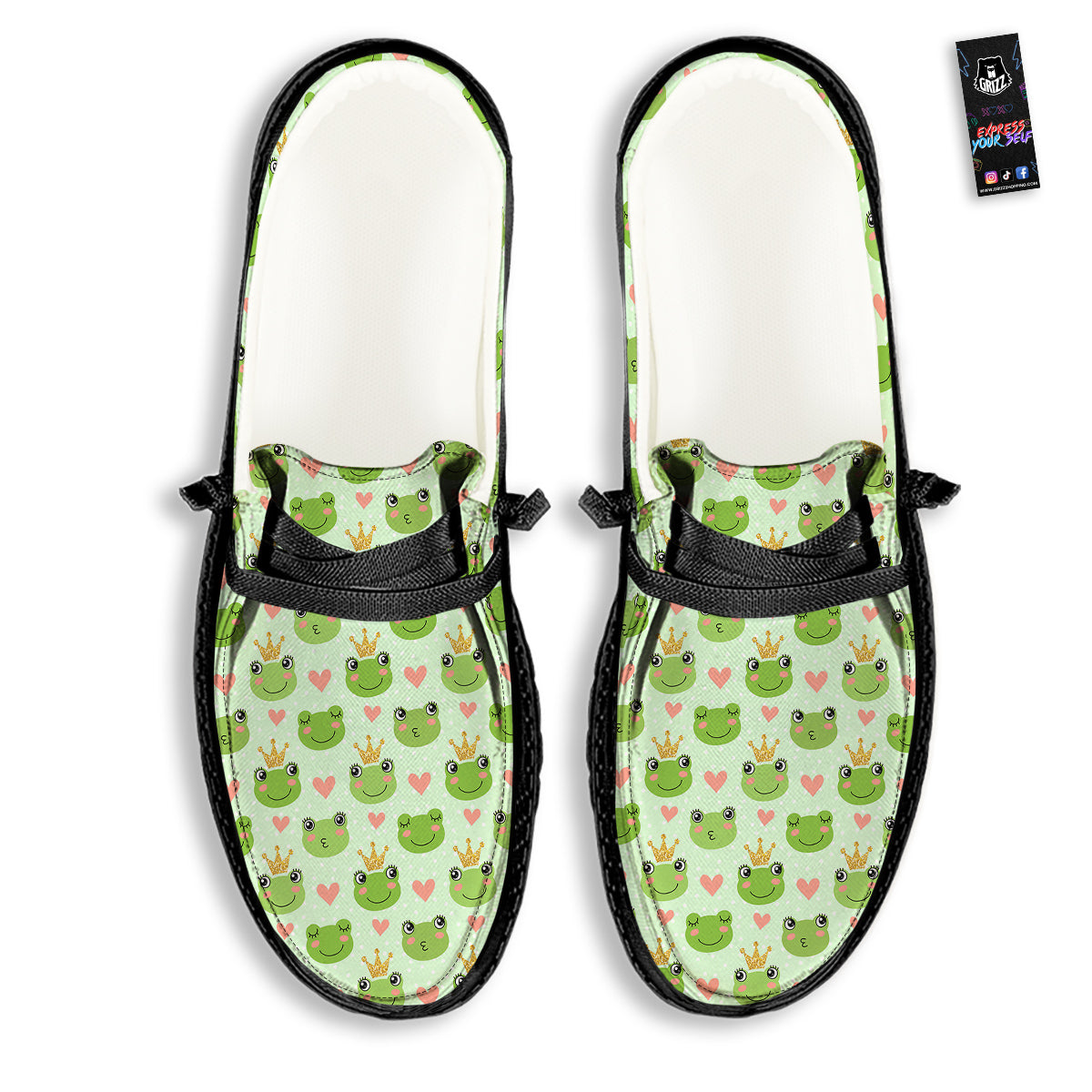 Frog Cute Print Pattern Black Loafers-grizzshop