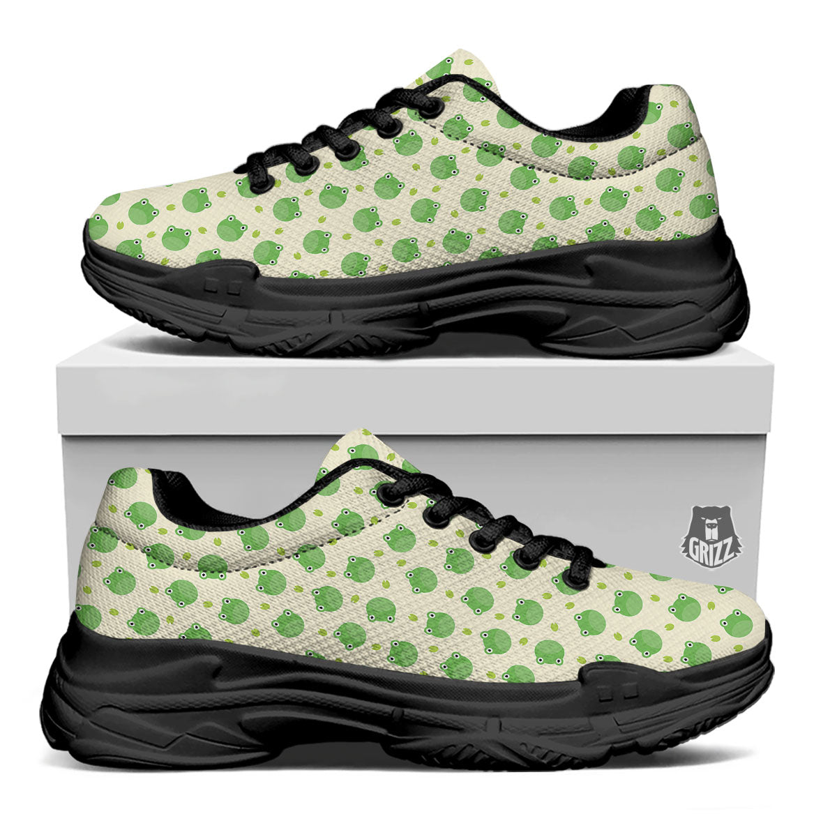 Frog Faces Print Pattern Black Chunky Shoes-grizzshop