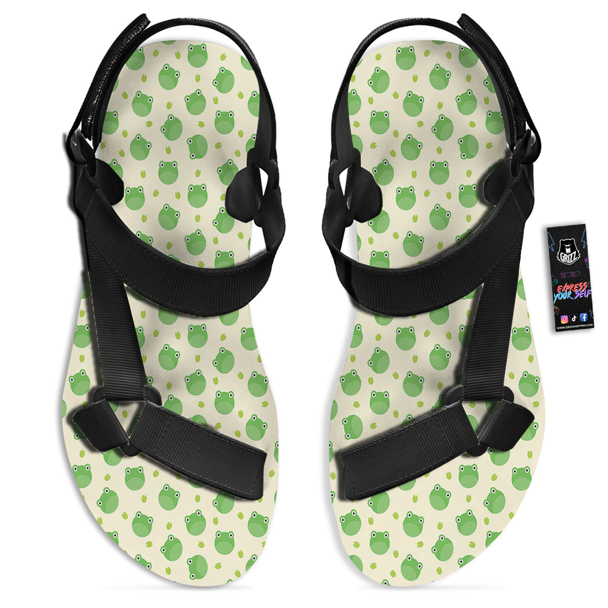 Frog Faces Print Pattern Black Open Toe Sandals-grizzshop