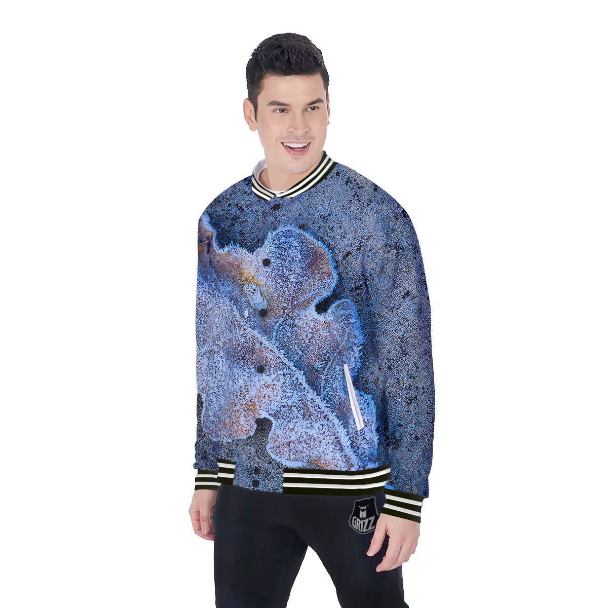 Frozen Leaf Oak Print Baseball Jacket-grizzshop