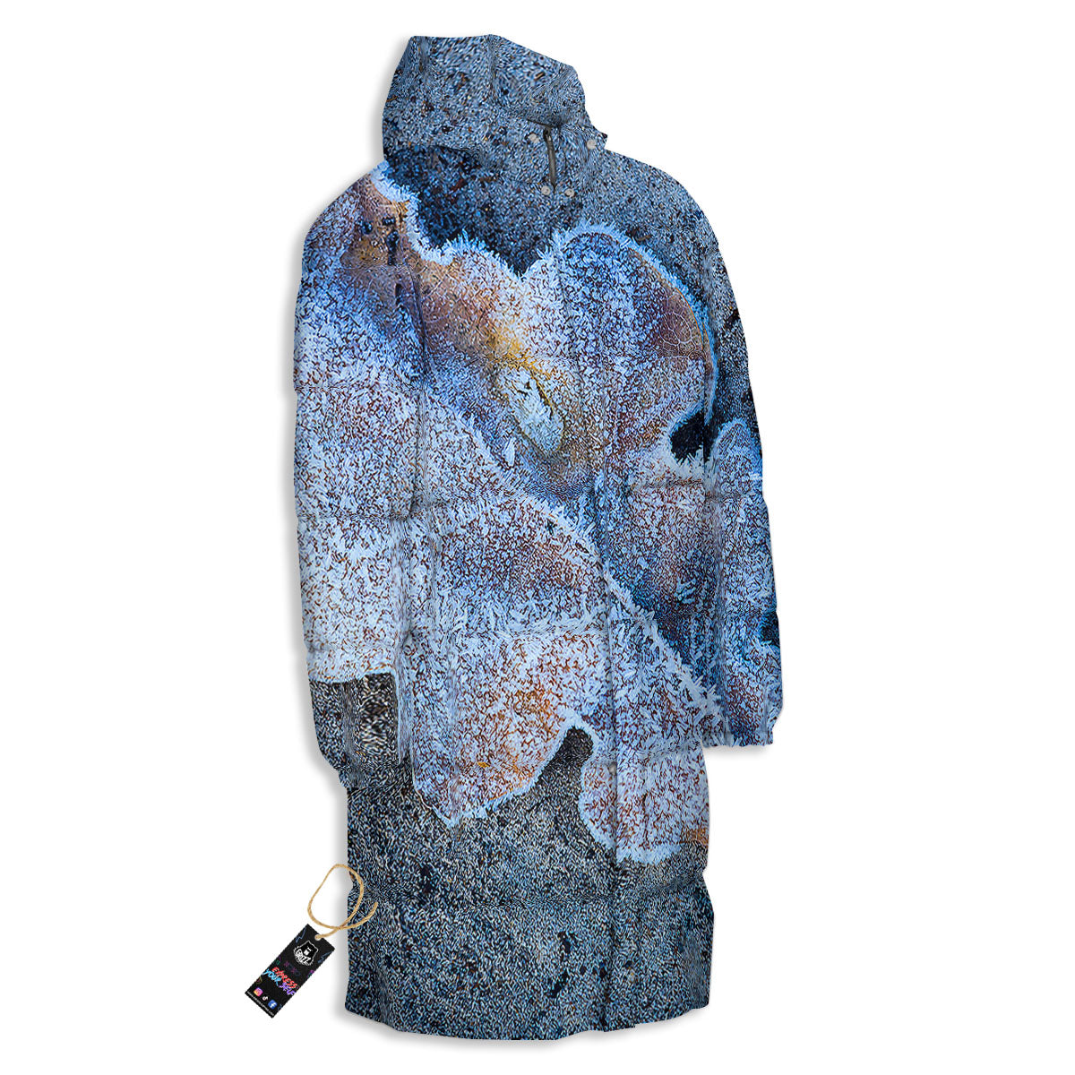 Frozen Leaf Oak Print Long Down Jacket-grizzshop