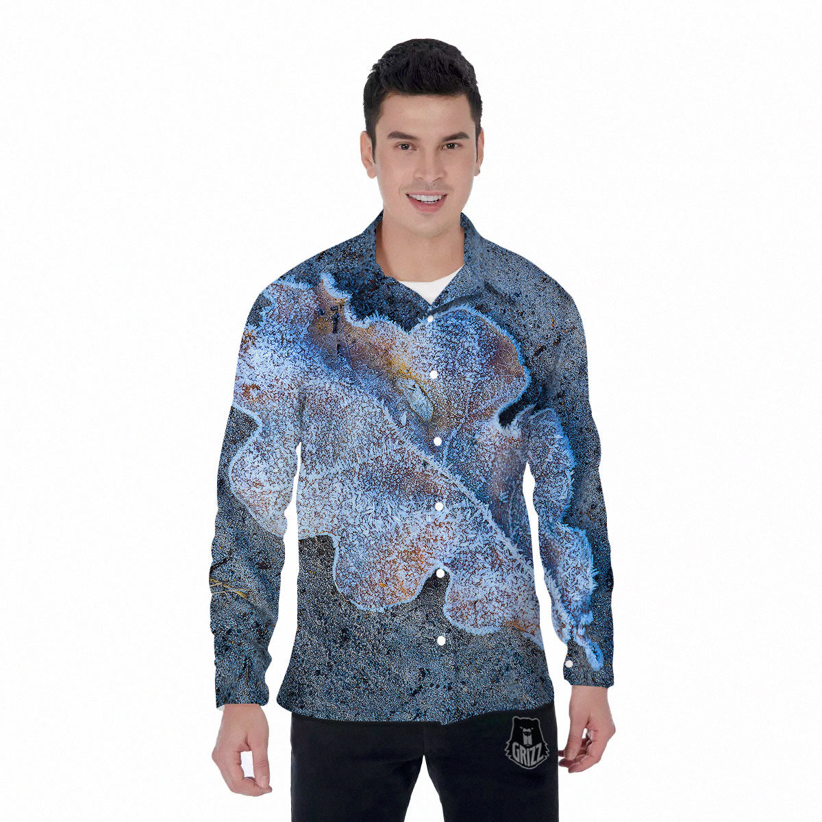 Frozen Leaf Oak Print Men's Long Sleeve Shirts-grizzshop