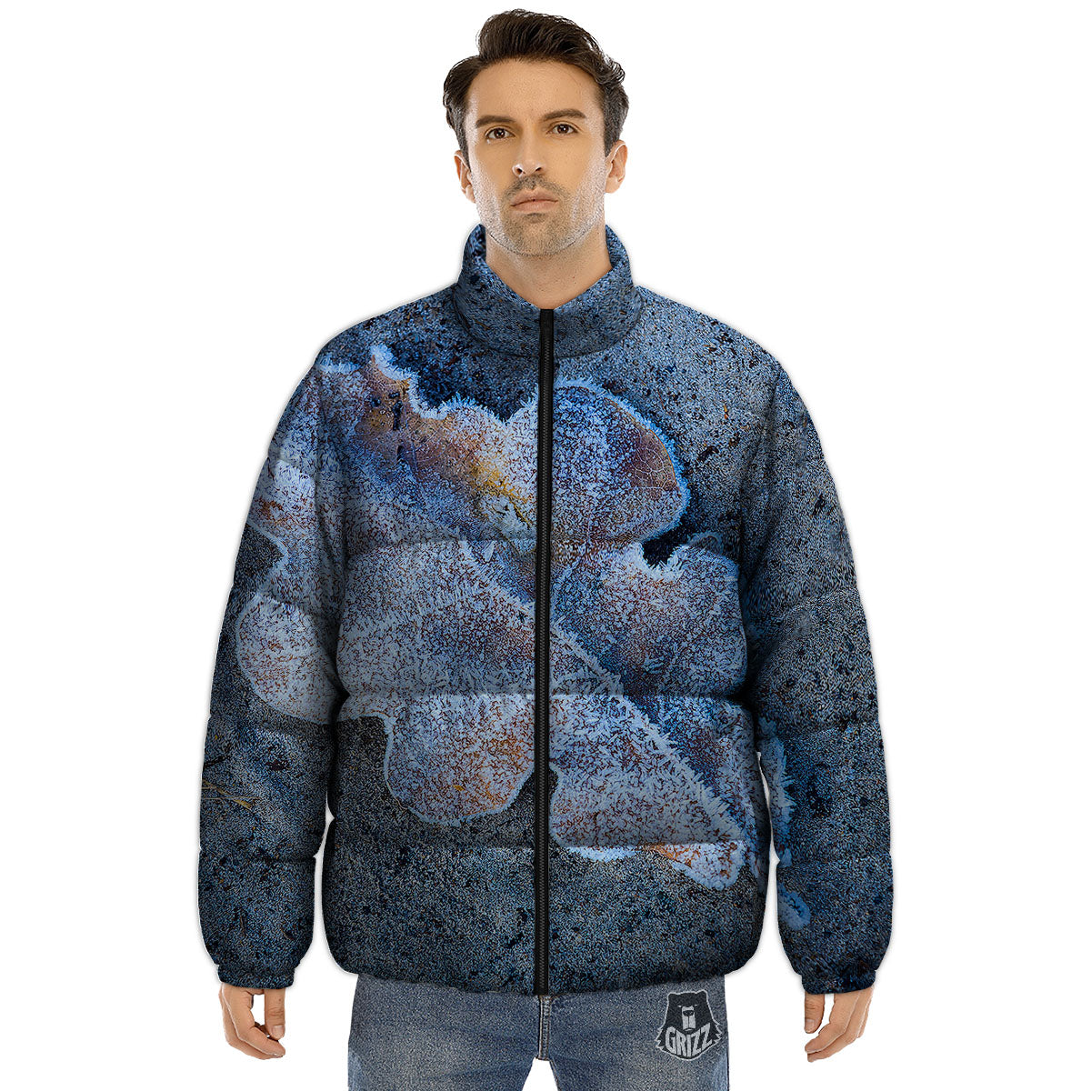 Frozen Leaf Oak Print Puffer Jacket-grizzshop