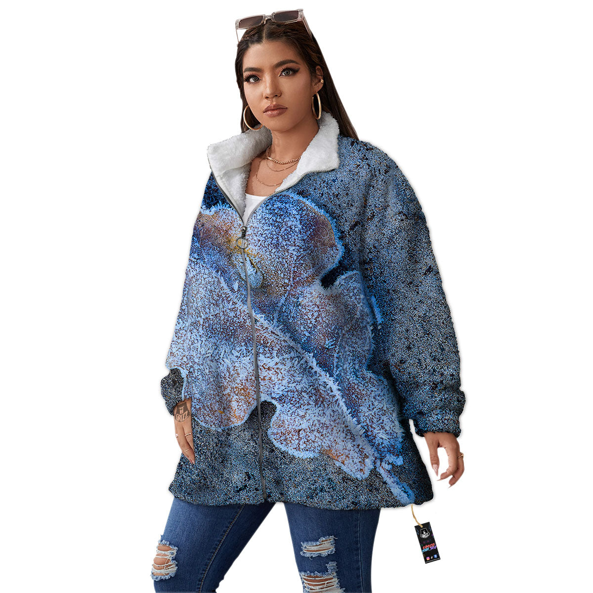Frozen Leaf Oak Print Women's Sherpa Jacket-grizzshop