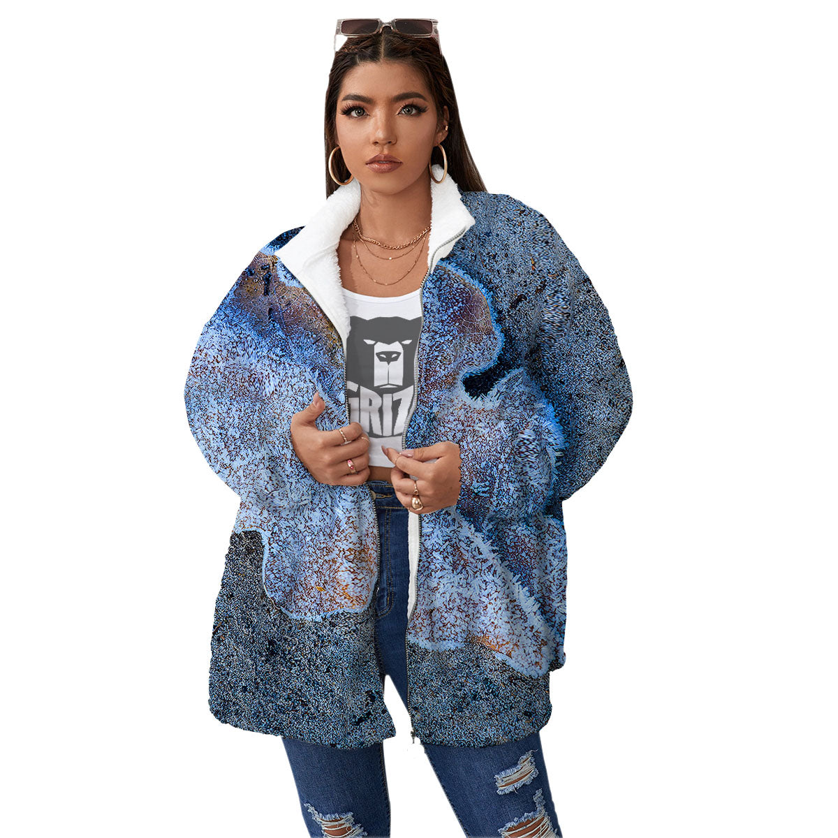 Frozen Leaf Oak Print Women's Sherpa Jacket-grizzshop