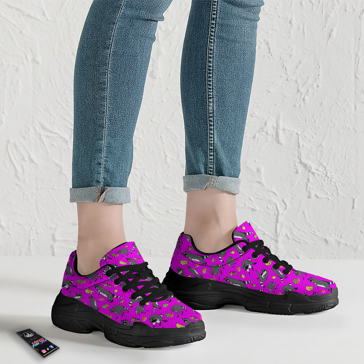 Fruit And Raccoon Print Pattern Black Chunky Shoes-grizzshop