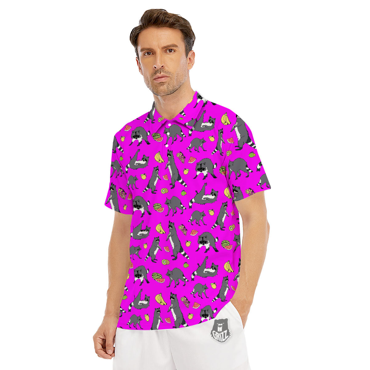 Fruit And Raccoon Print Pattern Men's Golf Shirts-grizzshop