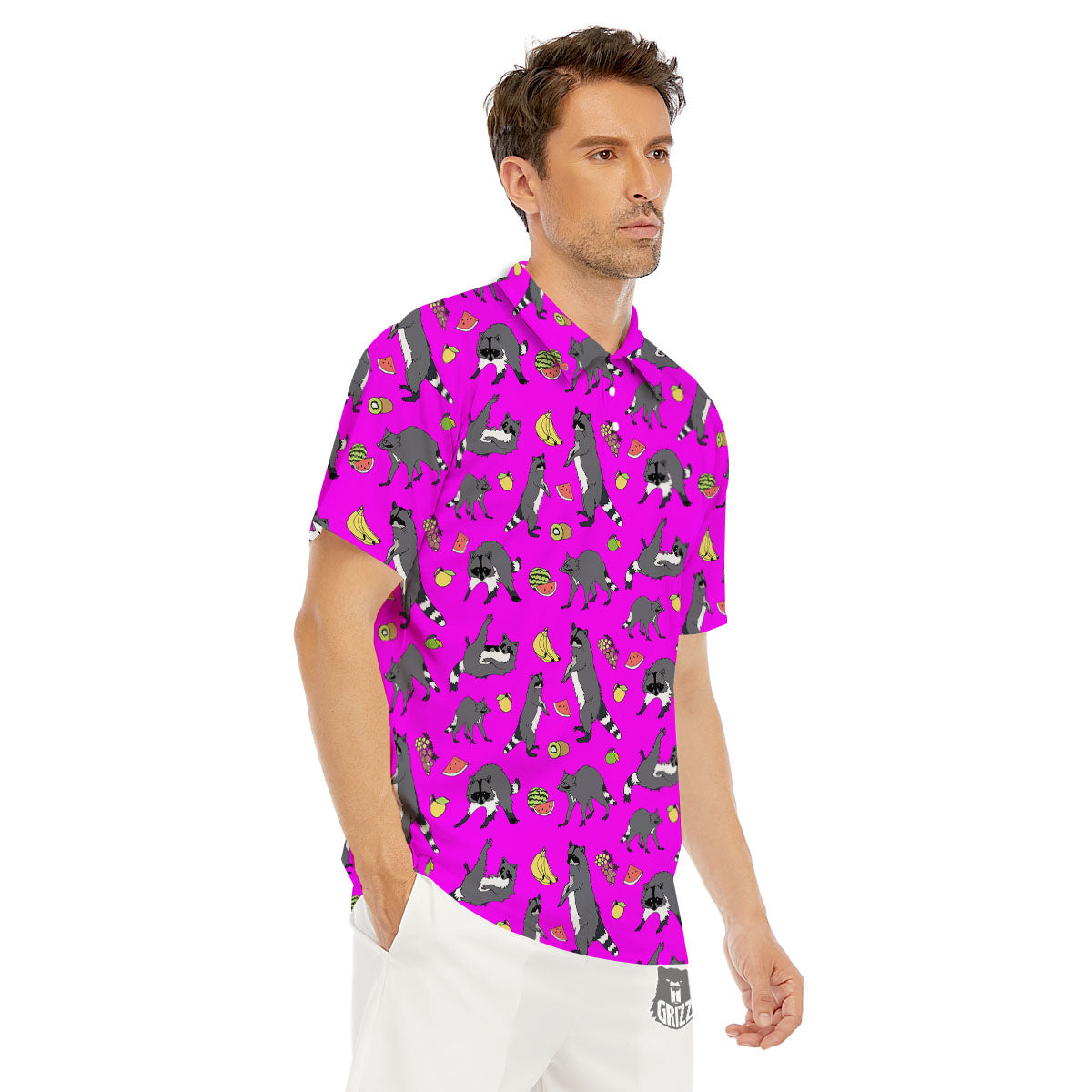 Fruit And Raccoon Print Pattern Men's Golf Shirts-grizzshop