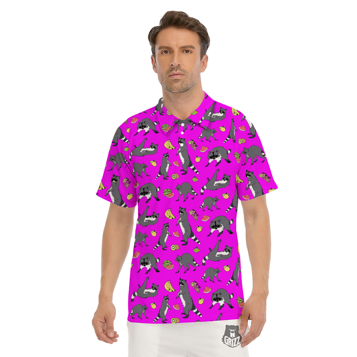 Fruit And Raccoon Print Pattern Men's Golf Shirts-grizzshop