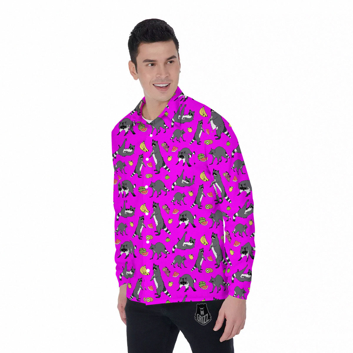 Fruit And Raccoon Print Pattern Men's Long Sleeve Shirts-grizzshop