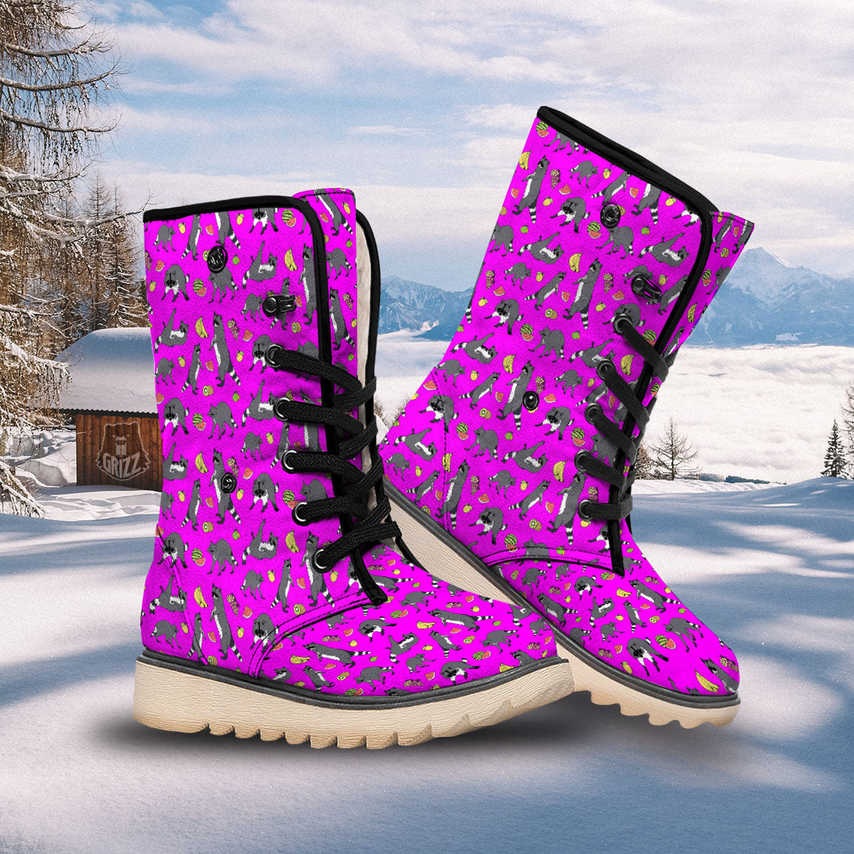 Fruit And Raccoon Print Pattern Snow Boots-grizzshop