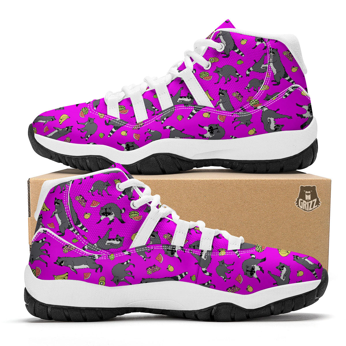 Fruit And Raccoon Print Pattern White Bball Shoes-grizzshop