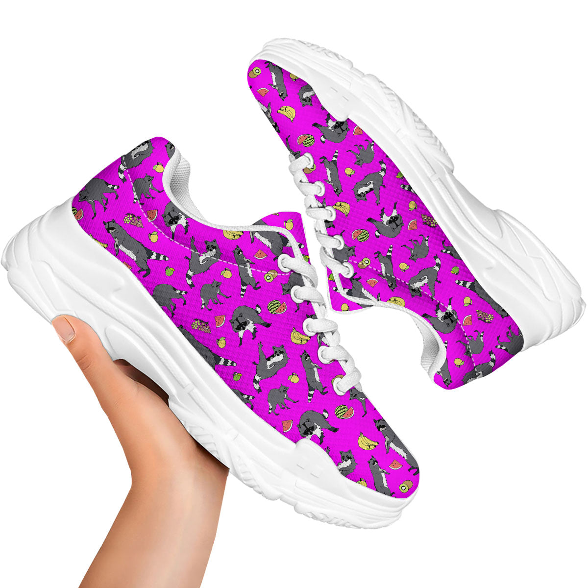 Fruit And Raccoon Print Pattern White Chunky Shoes-grizzshop