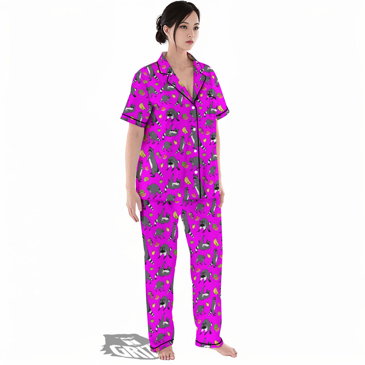 Fruit And Raccoon Print Pattern Women's Pajamas Set-grizzshop