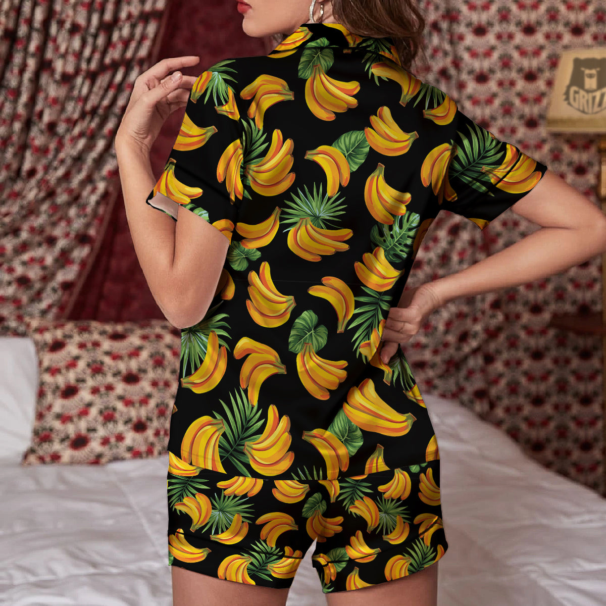 Fruit Banana Print Pattern Women Silk Pajamas-grizzshop