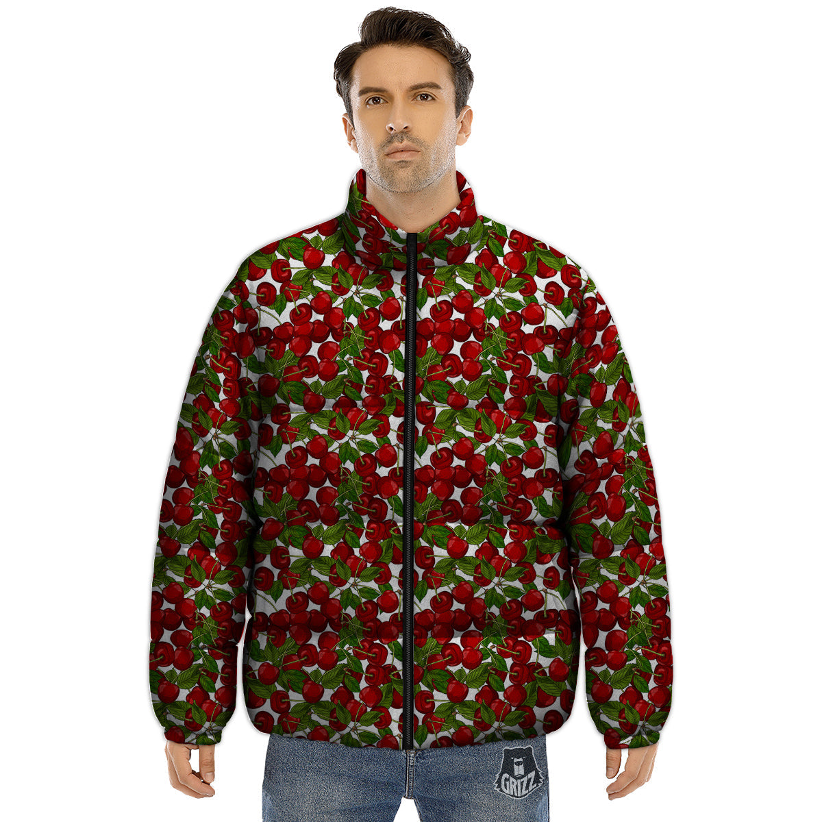 Fruit Cherry Print Pattern Puffer Jacket-grizzshop