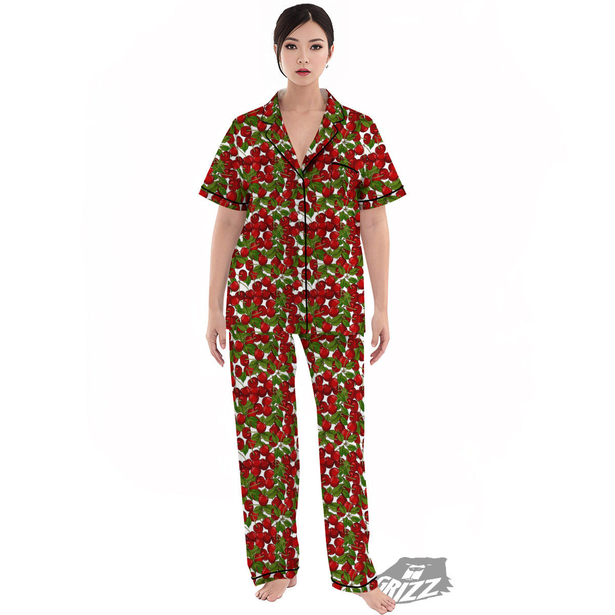 Fruit Cherry Print Pattern Women's Pajamas Set-grizzshop