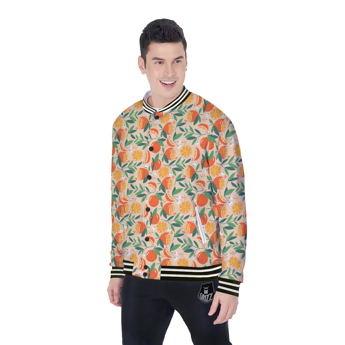 Fruit Cute Orange Print Pattern Baseball Jacket-grizzshop