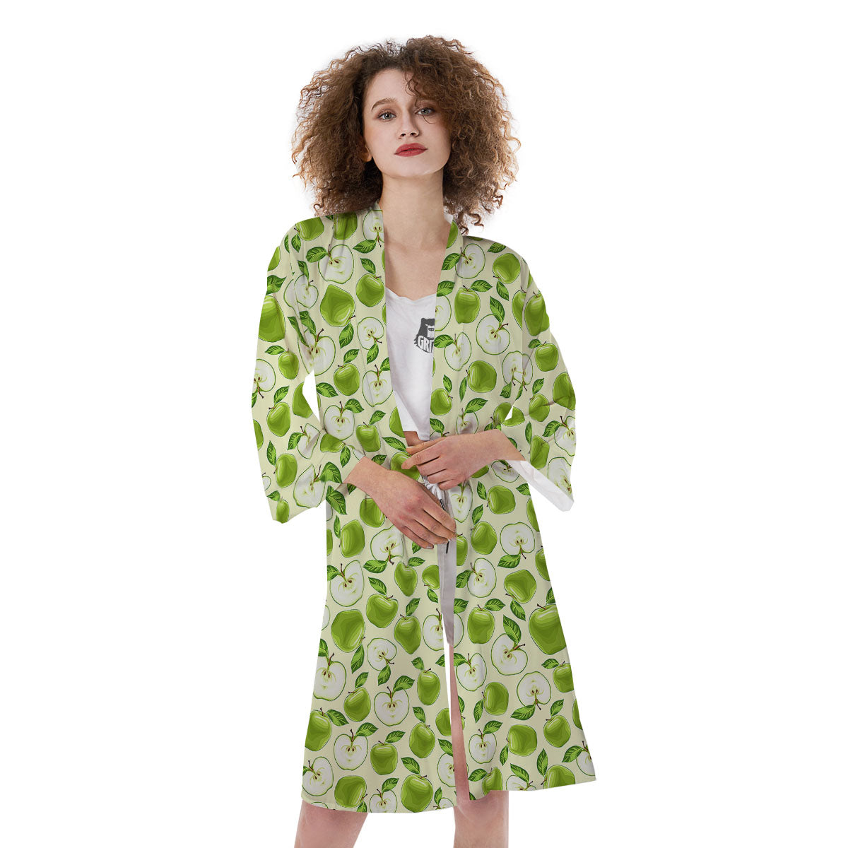 Fruit Green Apple Print Pattern Kimono-grizzshop