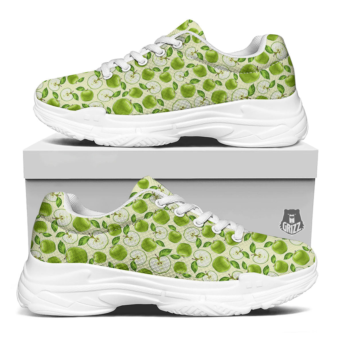 Fruit Green Apple Print Pattern White Chunky Shoes-grizzshop