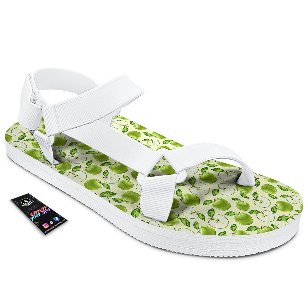 Fruit Green Apple Print Pattern White Open Toe Sandals-grizzshop