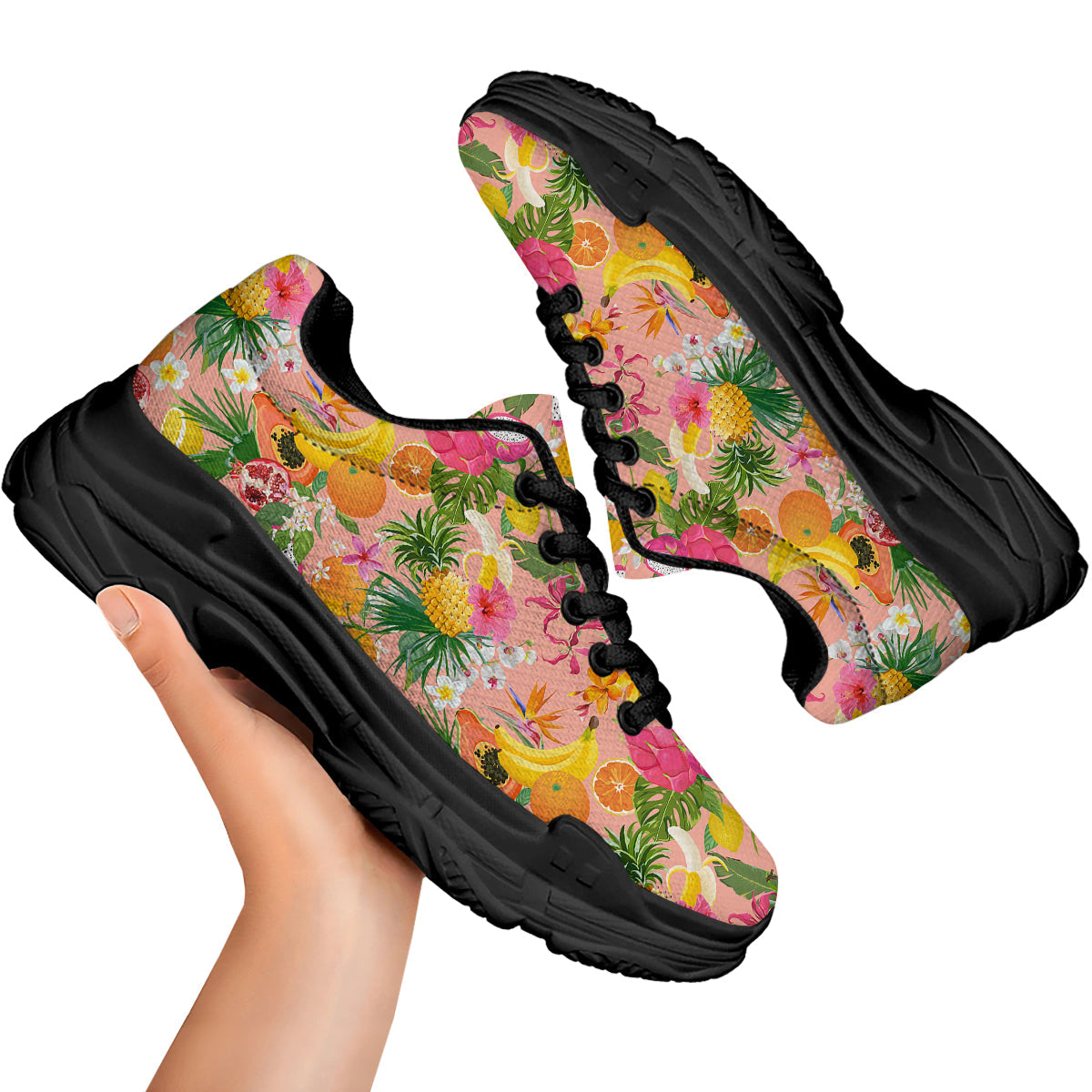 Fruit Leaf Tropical Print Pattern Black Chunky Shoes-grizzshop