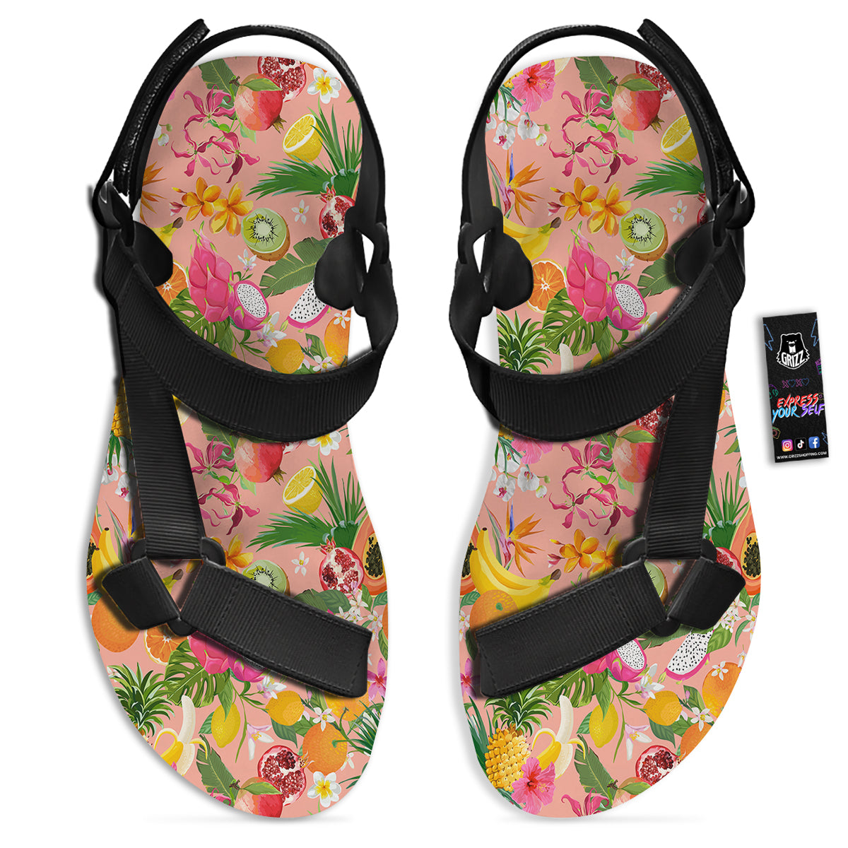 Fruit Leaf Tropical Print Pattern Black Open Toe Sandals-grizzshop