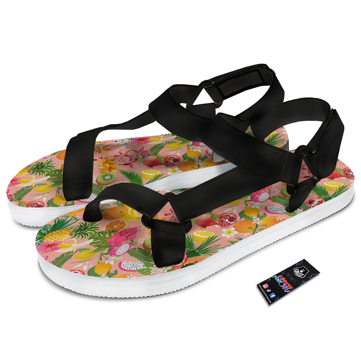 Fruit Leaf Tropical Print Pattern Black Open Toe Sandals-grizzshop