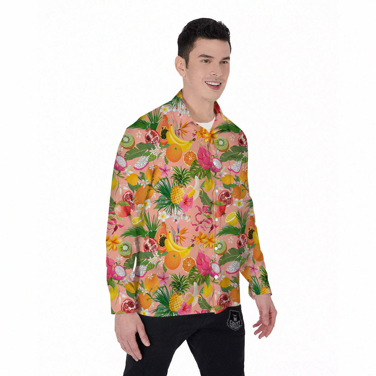 Fruit Leaf Tropical Print Pattern Men's Long Sleeve Shirts-grizzshop