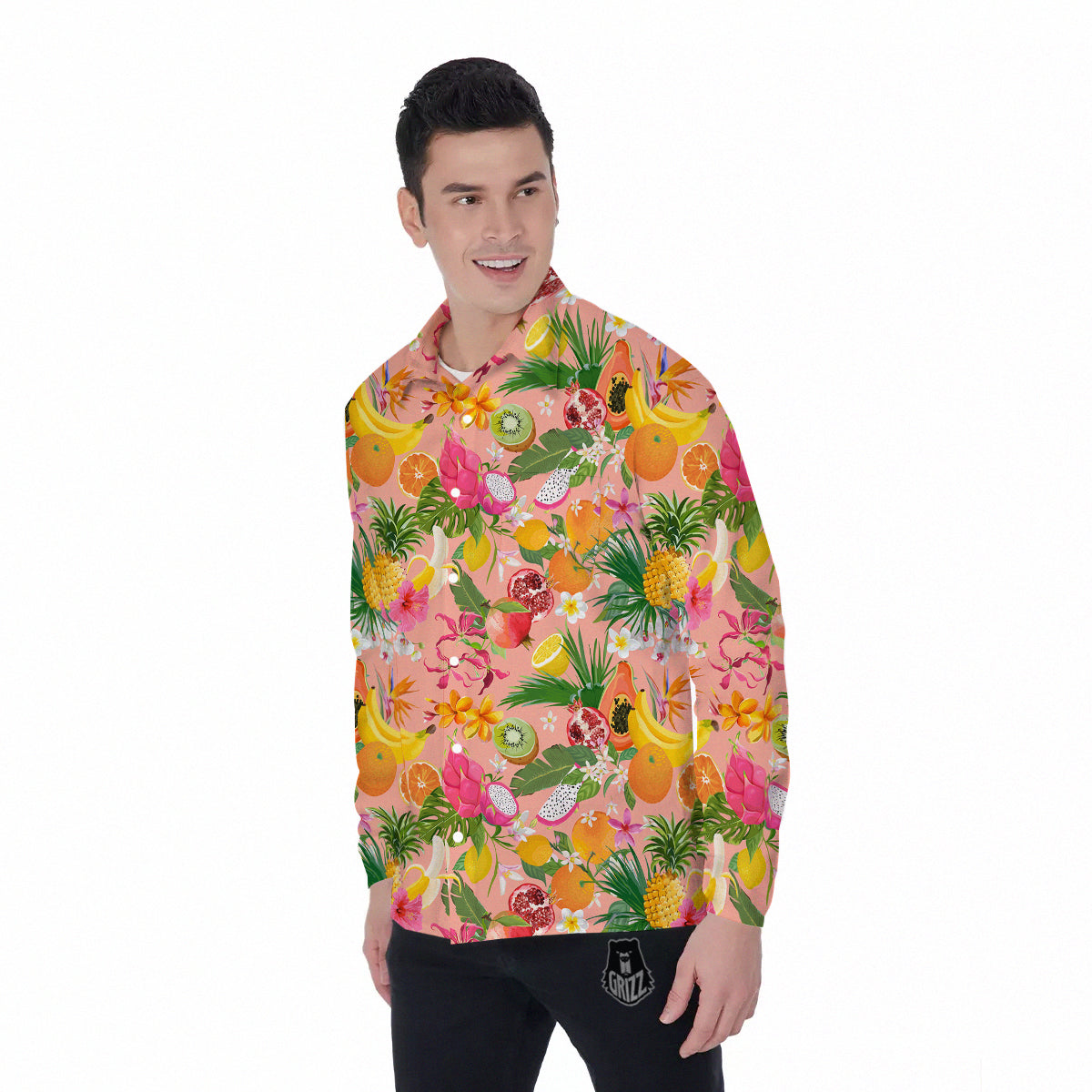 Fruit Leaf Tropical Print Pattern Men's Long Sleeve Shirts-grizzshop