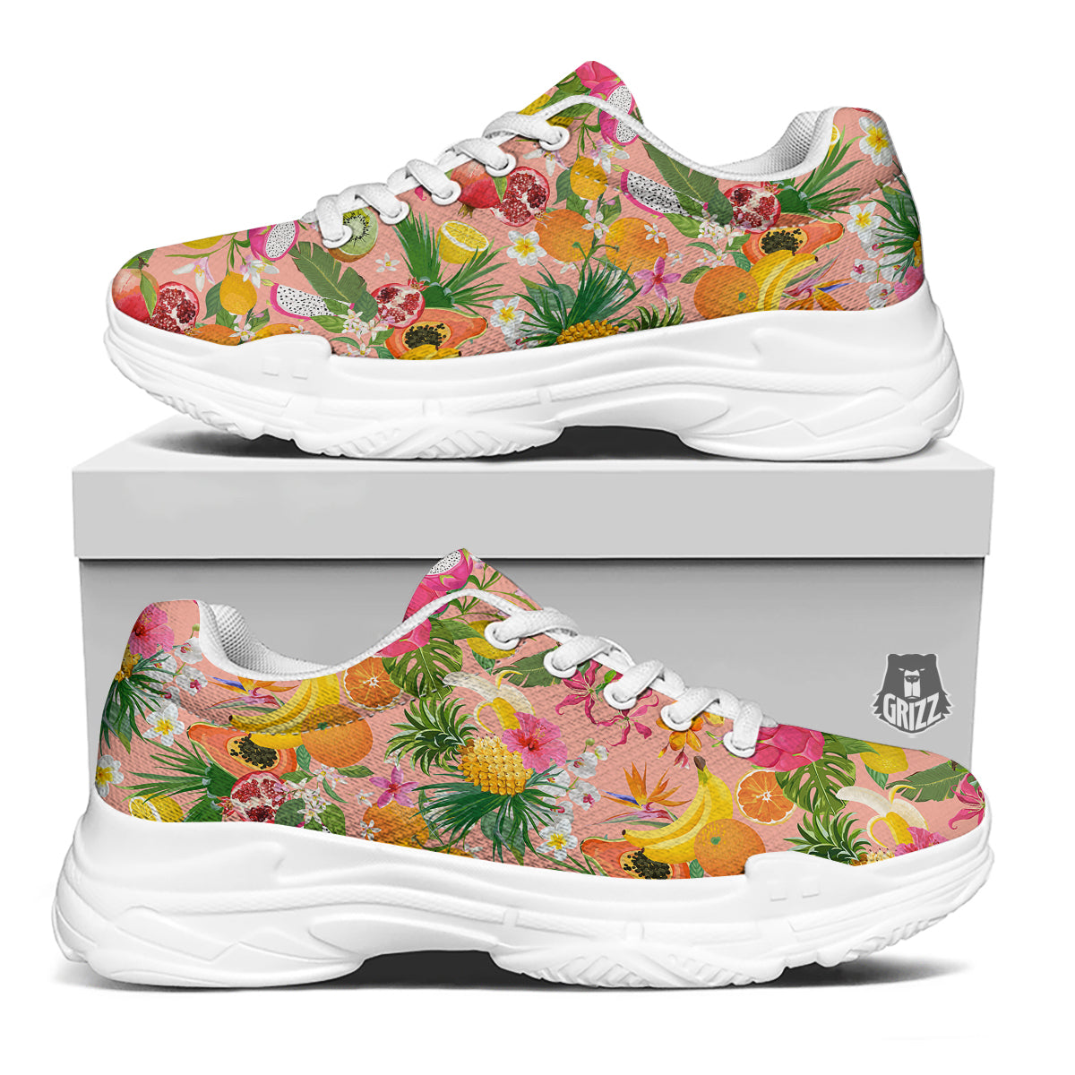 Fruit Leaf Tropical Print Pattern White Chunky Shoes-grizzshop