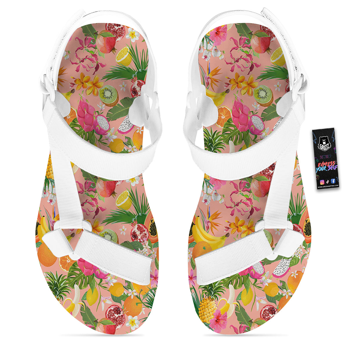 Fruit Leaf Tropical Print Pattern White Open Toe Sandals-grizzshop