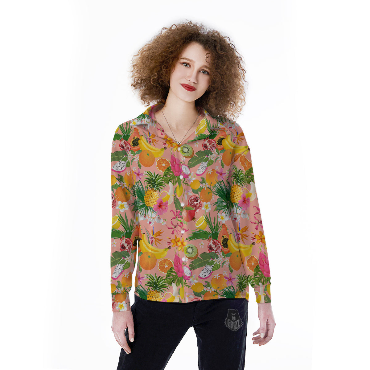 Fruit Leaf Tropical Print Pattern Women's Long Sleeve Shirts-grizzshop