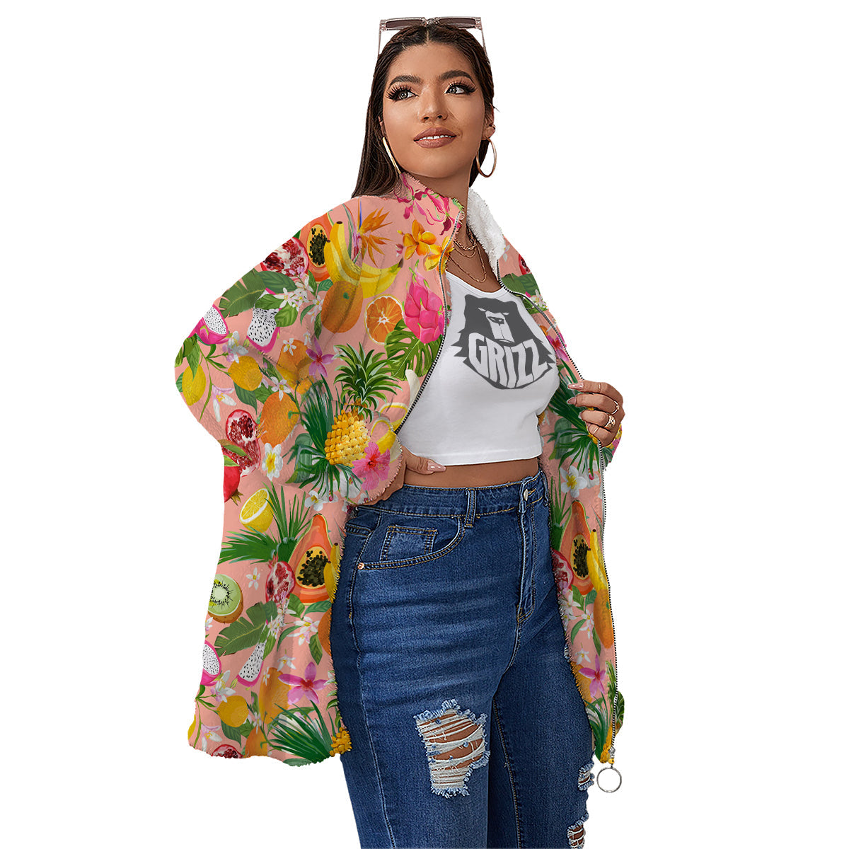 Fruit Leaf Tropical Print Pattern Women's Sherpa Jacket-grizzshop