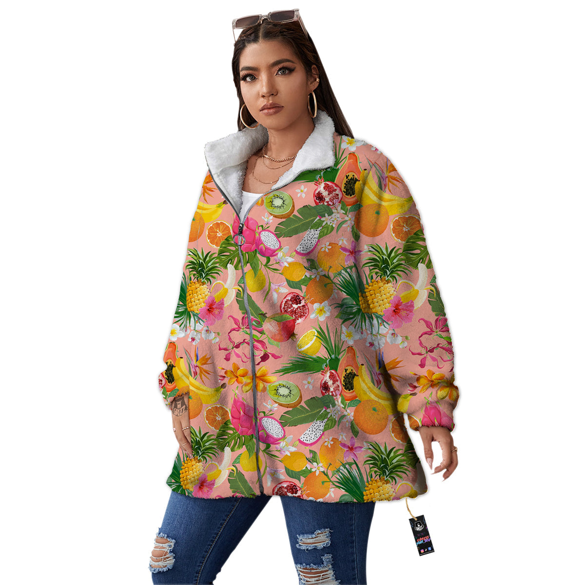 Fruit Leaf Tropical Print Pattern Women's Sherpa Jacket-grizzshop