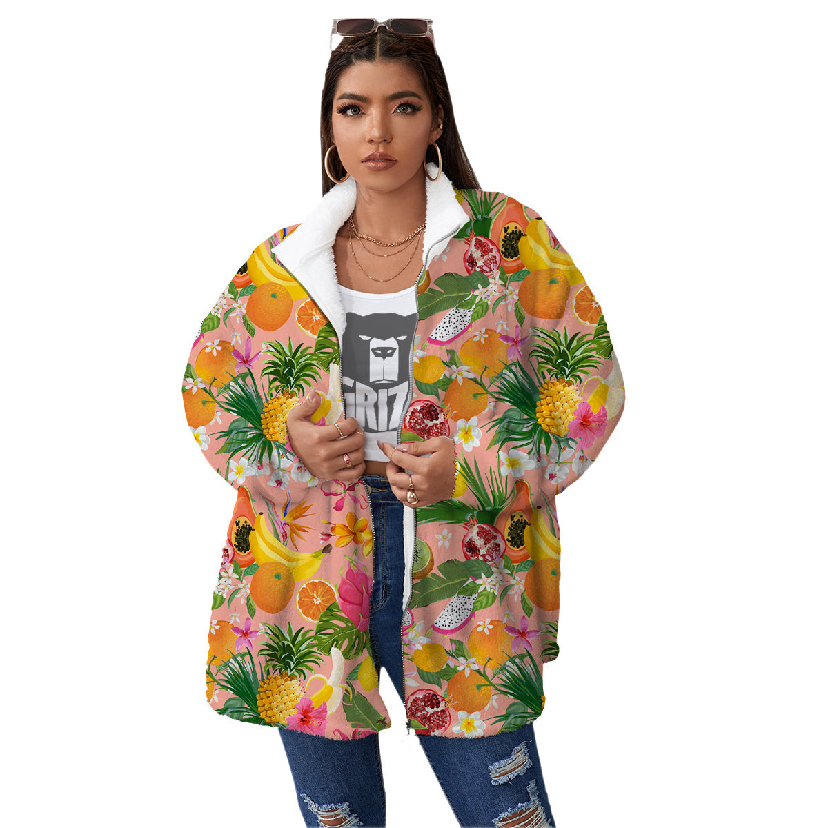 Fruit Leaf Tropical Print Pattern Women's Sherpa Jacket-grizzshop