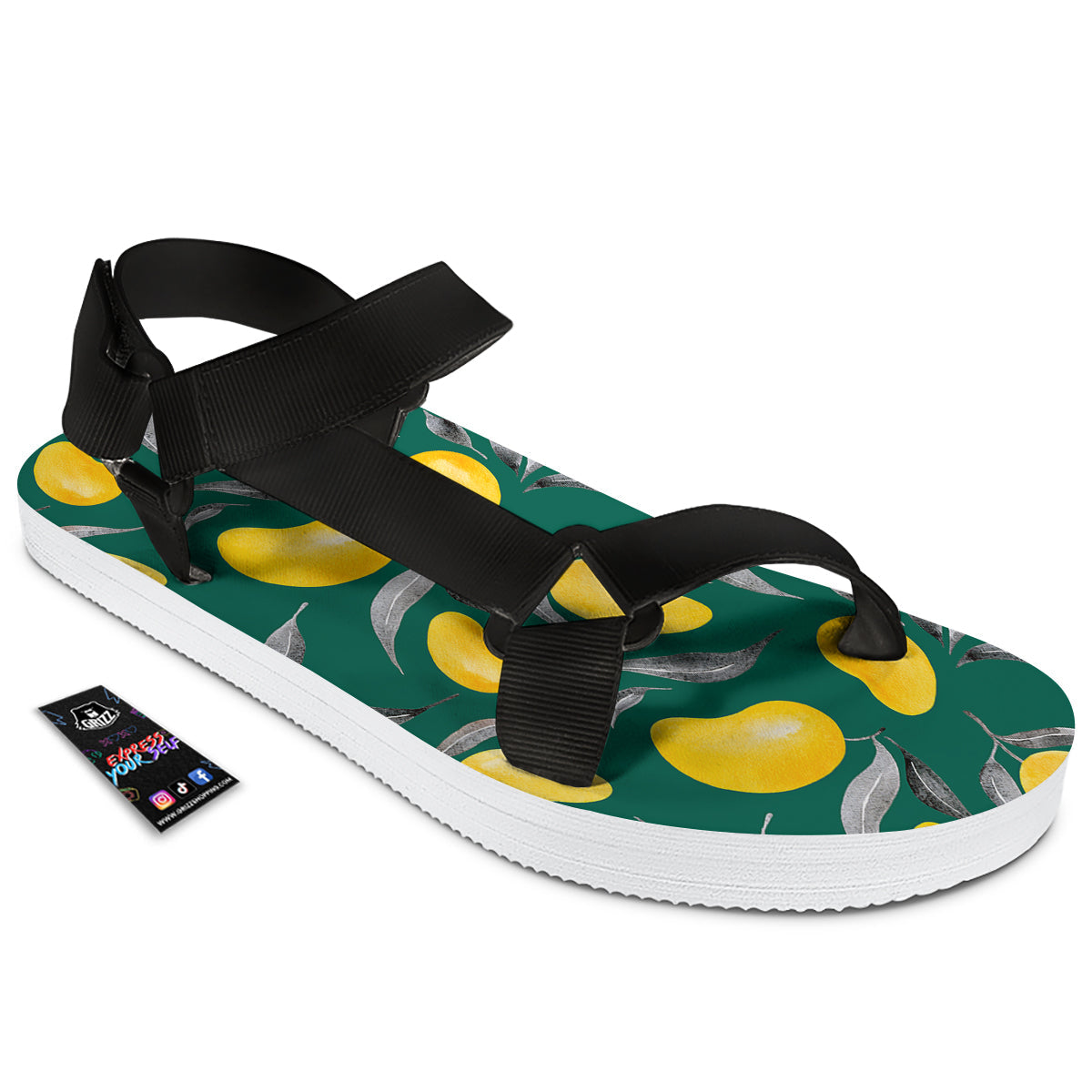 Fruit Mango Yellow Print Pattern Black Open Toe Sandals-grizzshop