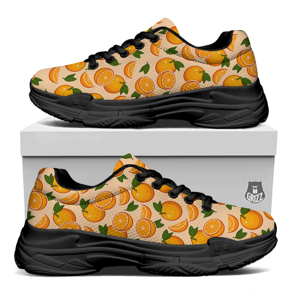 Fruit Orange Print Pattern Black Chunky Shoes-grizzshop
