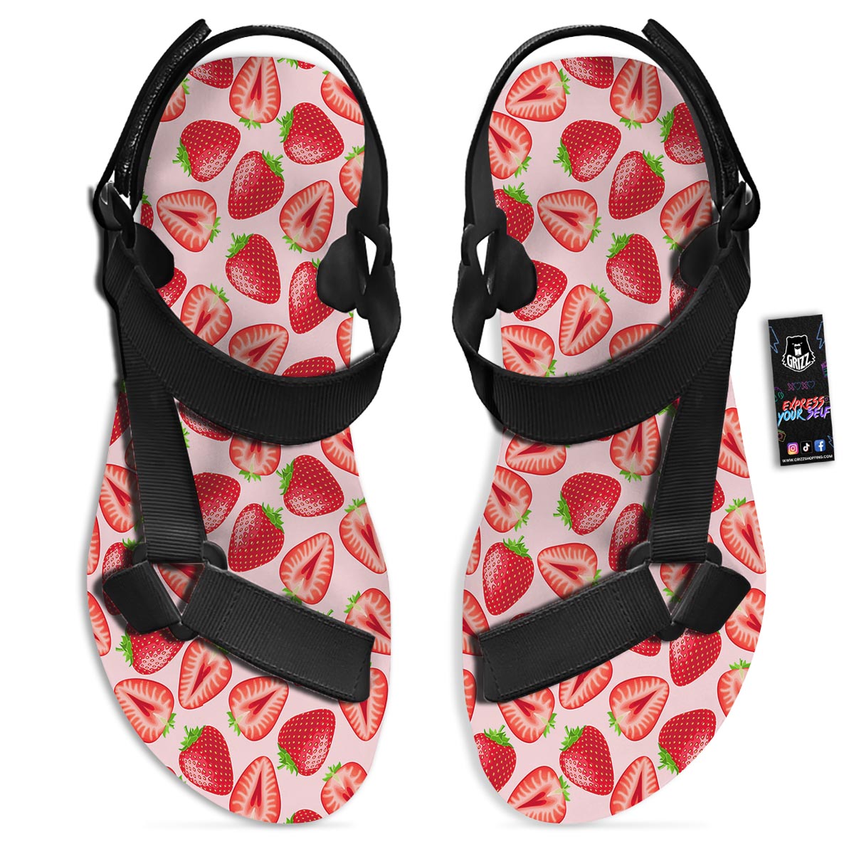 Fruit Strawberry Print Pattern Black Open Toe Sandals-grizzshop